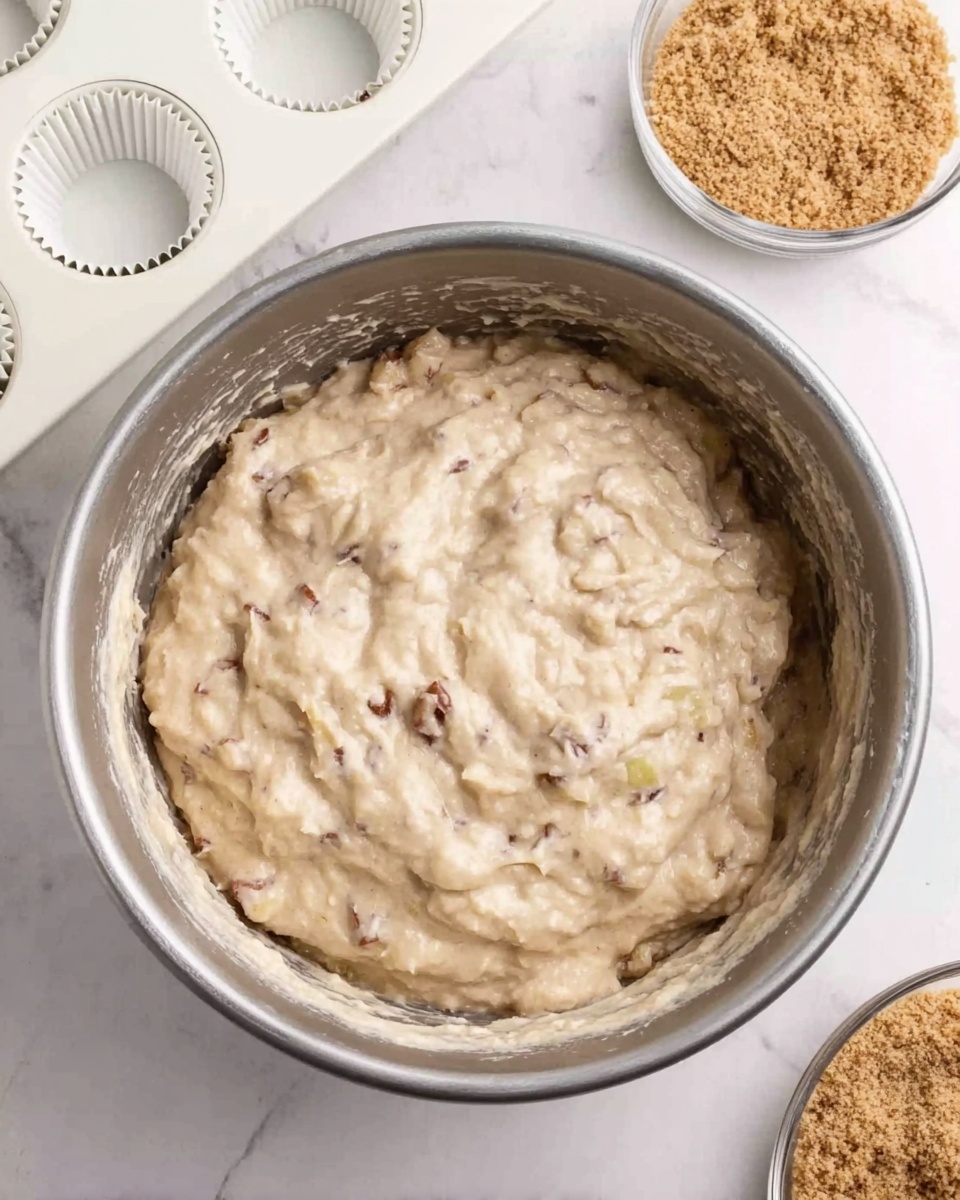 A large silver bowl filled with a thick creamy batter that has small chunks and darker specks evenly mixed throughout. The batter looks soft and lumpy, with a light beige color. Near the bowl to the upper right is a small clear bowl with light brown crumbly pieces inside. To the upper left, there is a white muffin tray with empty white paper liners. The whole setup is on a white marbled surface. photo taken with an iphone --ar 4:5 --v 7