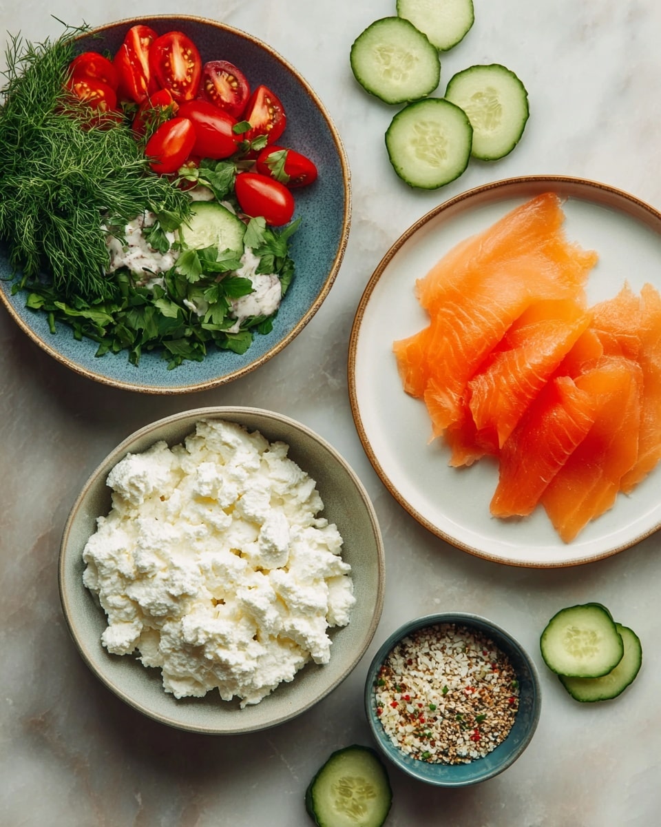 The image shows four white bowls and plates arranged on a white marbled surface. Starting from the top right, there is a round plate with seven thin slices of bright orange smoked salmon laid flat, slightly overlapping. Below it, there is a round bowl filled to the top with white, fluffy cottage cheese with a creamy texture. To the left, a larger round plate holds fresh green herbs (parsley and dill), several halved red cherry tomatoes, and cucumber slices cut into quarters. There is a small round bowl near the bottom right filled with mixed seasoning containing various small seeds and flakes. Scattered cucumber slices are placed near the edges of the image. Photo taken with an iphone --ar 4:5 --v 7