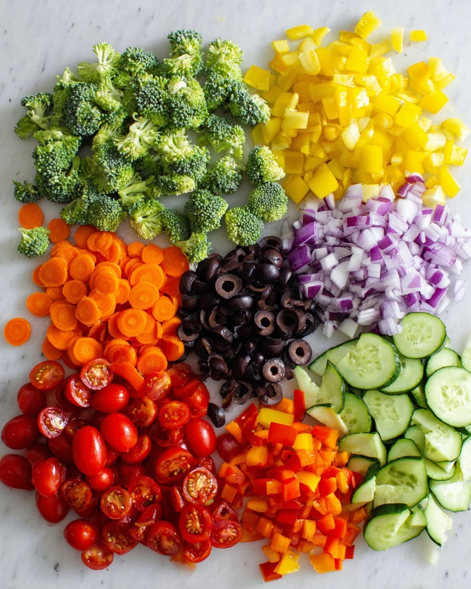 The image shows a white marbled surface with seven types of chopped vegetables arranged in neat piles. At the top left, there are small green broccoli florets, next to them on the right are bright yellow diced bell peppers. To the right of the peppers, there are small pieces of purple and white chopped onion. Below the onion, there is a pile of dark black sliced olives. To the left of the olives, orange carrot slices form a pile. Below the broccoli and peppers on the left side, there are sliced green cucumber pieces. Finally, at the bottom left corner, there are halved bright red cherry tomatoes. Photo taken with an iphone --ar 4:5 --v 7