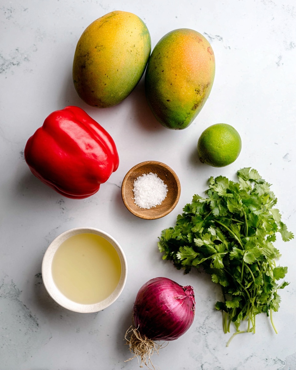 Three mangoes with green and yellow skins are placed at the top center of a white marbled surface. Below them, from left to right, is a bright red bell pepper, a green lime, a white bowl filled with light yellow liquid, a whole white garlic bulb, a bunch of fresh green cilantro, a small wooden bowl with white salt, and a purple onion with roots still attached. The ingredients are spaced apart, showing their natural colors and textures clearly. Photo taken with an iphone --ar 4:5 --v 7