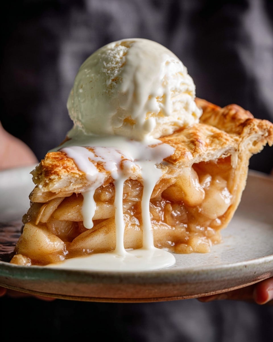 A slice of apple pie with a golden brown crust sits on a white plate, showing soft, cooked apple pieces mixed with cinnamon filling inside. On top, a scoop of creamy vanilla ice cream melts slowly, dripping down the side of the pie in smooth white streams. The whole plate is held by a pair of woman's hands against a dark blurred background, with the warm colors of the pie contrasting the smooth pale ice cream and the rough white plate. photo taken with an iphone --ar 4:5 --v 7