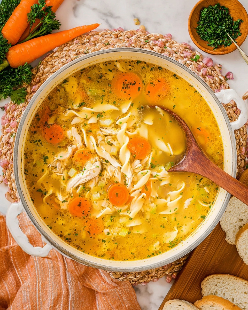 A large white pot filled with clear golden broth soup showing herbs and small bubbles on the surface. Inside the soup, there are three visible layers: the top layer has light orange carrot slices and small green celery pieces, the middle layer contains white twisted egg noodles, and the bottom layer shows shredded white chicken pieces. A wooden spoon is partially immersed in the soup, scooping some noodles, carrots, and chicken. The pot is placed on a tan woven mat with fresh whole carrots and parsley on the upper left side, a small wooden bowl with chopped green herbs on the upper right, and slices of white bread on a wooden board at the bottom right. The background surface is white marbled. Photo taken with an iphone --ar 4:5 --v 7