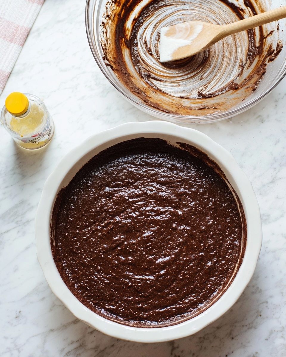 The image shows a white round baking dish filled with dark brown chocolate batter that has a thick and slightly textured surface, ready to bake. Above it, there is a clear glass mixing bowl with remnants of the same chocolate batter smeared along the sides and a wooden spoon lying inside, coated with batter. To the left, there is a small clear bottle with a yellow cap, placed on a white marbled surface. Photo taken with an iphone --ar 4:5 --v 7