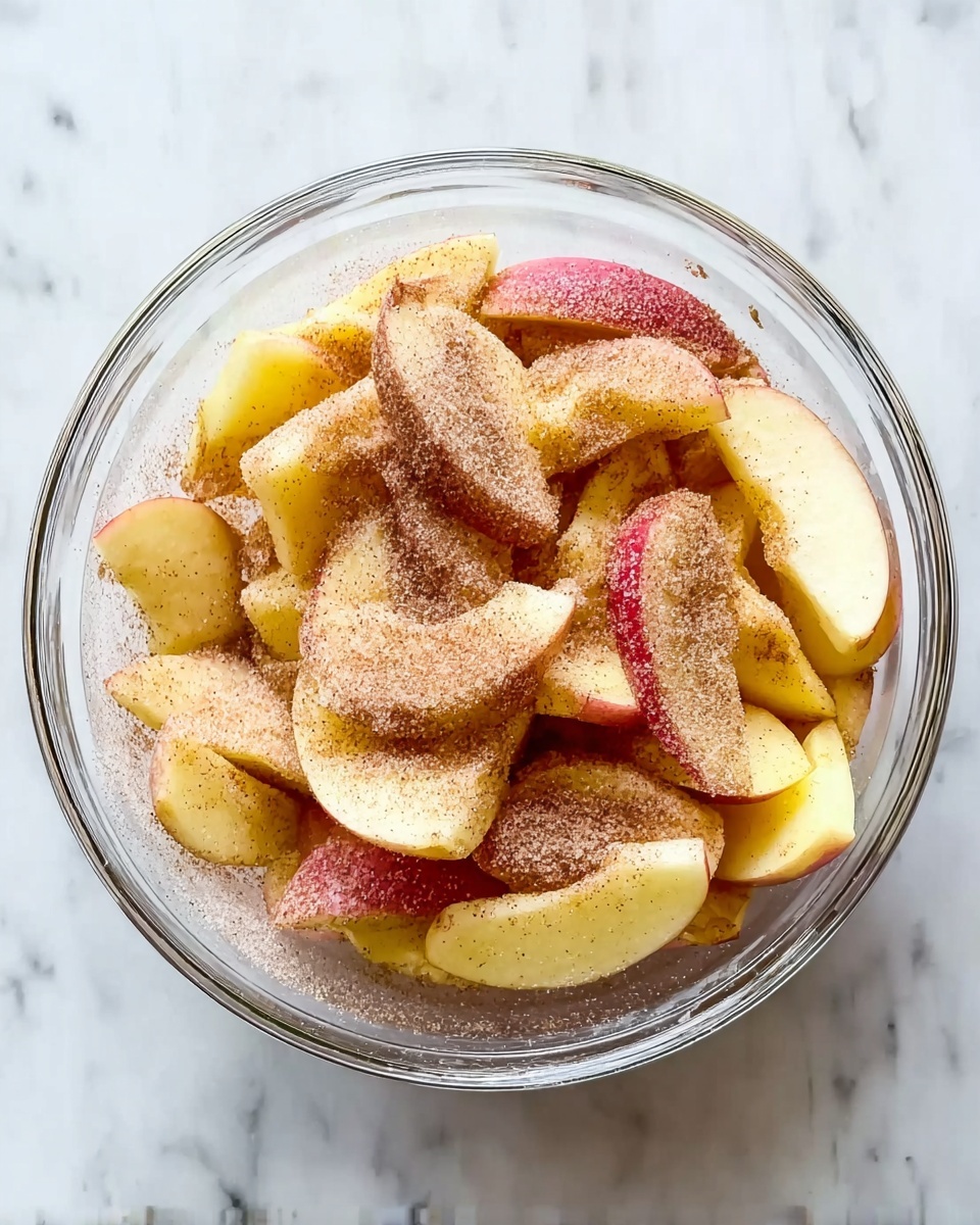 A clear glass bowl filled with peeled apple slices that are sprinkled with sugar and cinnamon powder, showing a mix of light yellow and red skin peeking through under the sugar. The bowl is on a white marbled surface, with the apple slices arranged loosely inside, some overlapping and some lying flat, giving a textured look from the cinnamon and sugar dust on top. Photo taken with an iphone --ar 4:5 --v 7