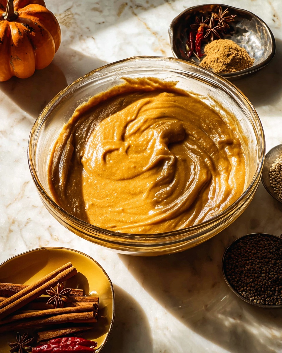 A clear glass bowl filled halfway with smooth, thick pumpkin-colored batter with a shiny, creamy texture, sitting on a white marbled surface. Around the bowl, there is a small yellow plate holding several brown cinnamon sticks and star anise, and a small orange pumpkin decoration next to it. There is also a small metal bowl filled with whole spices like black mustard seeds and dried red chilies nearby. The scene is warmly lit, creating rich shadows and highlighting the textures and colors. photo taken with an iphone --ar 4:5 --v 7