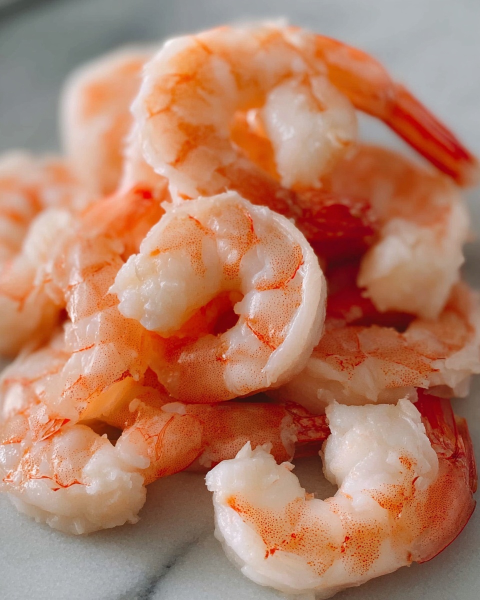 A close-up view of several cooked shrimp piled on a smooth white marbled surface, showing their light pink and white colors with some translucent textures. The shrimp are curled, displaying the segmented pattern on their shells with fine orange details along the edges. The tails are still attached, and the shrimp appear fresh and slightly moist, arranged unevenly in a natural mound. The background is softly blurred to keep full focus on the shrimp’s texture and colors. photo taken with an iphone --ar 4:5 --v 7