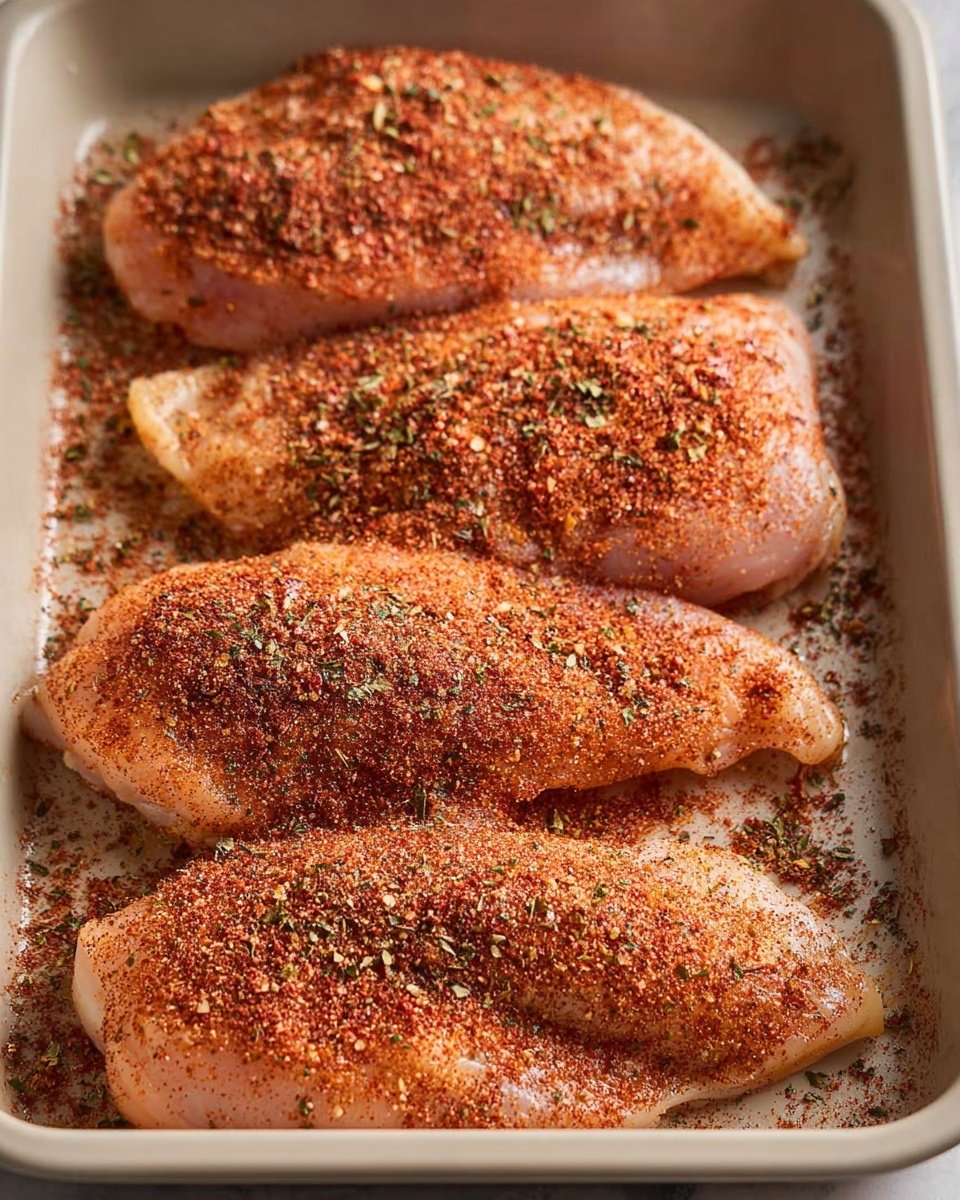 The image shows four pieces of raw chicken placed in a single layer inside a light-colored baking tray. Each piece is covered evenly with a coarse, reddish-brown spice mix that has tiny dark and green herb flakes scattered across. The chicken pieces are similar in size and shape, with a smooth, moist texture visible under the spices. The white marbled surface around the tray adds a clean, bright contrast to the warm tones of the seasoned chicken. photo taken with an iphone --ar 4:5 --v 7