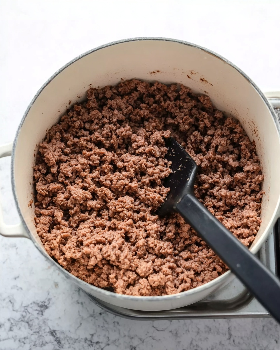 The image shows a close-up of cooked ground meat inside a white pot. The meat is brown with a soft, crumbly texture, evenly spread across the pot's bottom layer. A black utensil with a long handle is in the pot, partially stirring the meat. The pot sits on a stove, and the background is a white marbled texture. Photo taken with an iphone --ar 4:5 --v 7