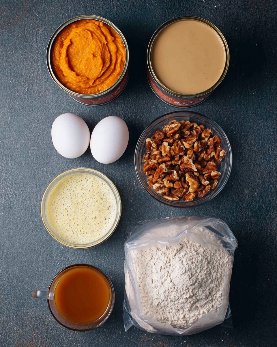 The image shows seven ingredients arranged on a dark surface with a white marbled texture in the description. Starting from the top left, there is an open orange can filled with thick orange puree. To the right is a closed can with beige content inside. Below the cans are two white eggs placed side by side. Next to the eggs, there is a clear glass bowl filled with chopped brown nuts. Below the nuts is a plastic bag filled with light gray flour. To the left of the nuts is another clear bowl with a foamy, pale yellow liquid. Lastly, at the bottom left, there is a small white glass cup filled with caramel-colored thick liquid. photo taken with an iphone --ar 4:5 --v 7