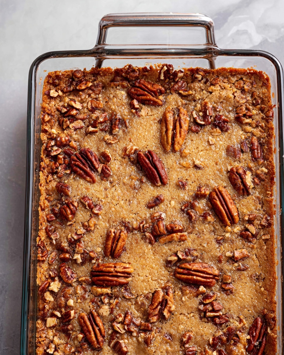 A baked pecan dessert in a clear glass rectangular dish with a silver metal handle, showing a golden brown top layer that looks slightly cracked with a rough texture. The surface is covered with scattered whole and broken pecans, adding a rich reddish-brown color contrast. The dessert appears to have a single dense layer with a slightly raised edge near the dish sides. The background surface is a white marbled texture. photo taken with an iphone --ar 4:5 --v 7