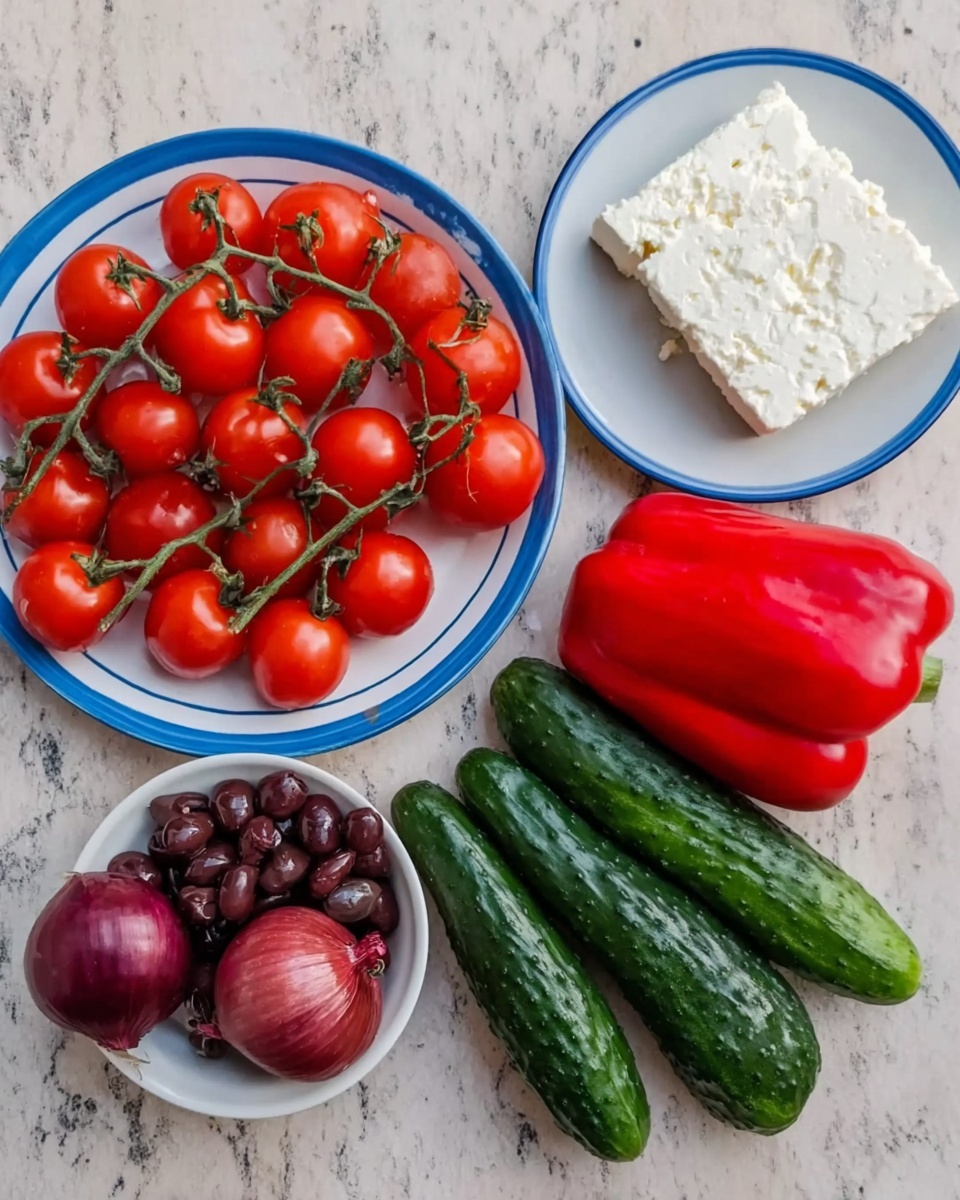 The image shows a set of fresh vegetables and cheese arranged on a white marbled surface. There is a white plate with thin blue lines around the edge filled with bright red cherry tomatoes still on the vine, placed on the left side. Near the center is a small white bowl with dark purple olives. To the right of the olives are three medium-sized dark green cucumbers lying together. Above the cucumbers, there is a red onion, two garlic cloves, and a rectangular block of white feta cheese placed on a white plate with a bright blue rim. On the far right side, there is one whole bright red bell pepper. The overall look is colorful with red, green, white, and purple tones. photo taken with an iphone --ar 4:5 --v 7