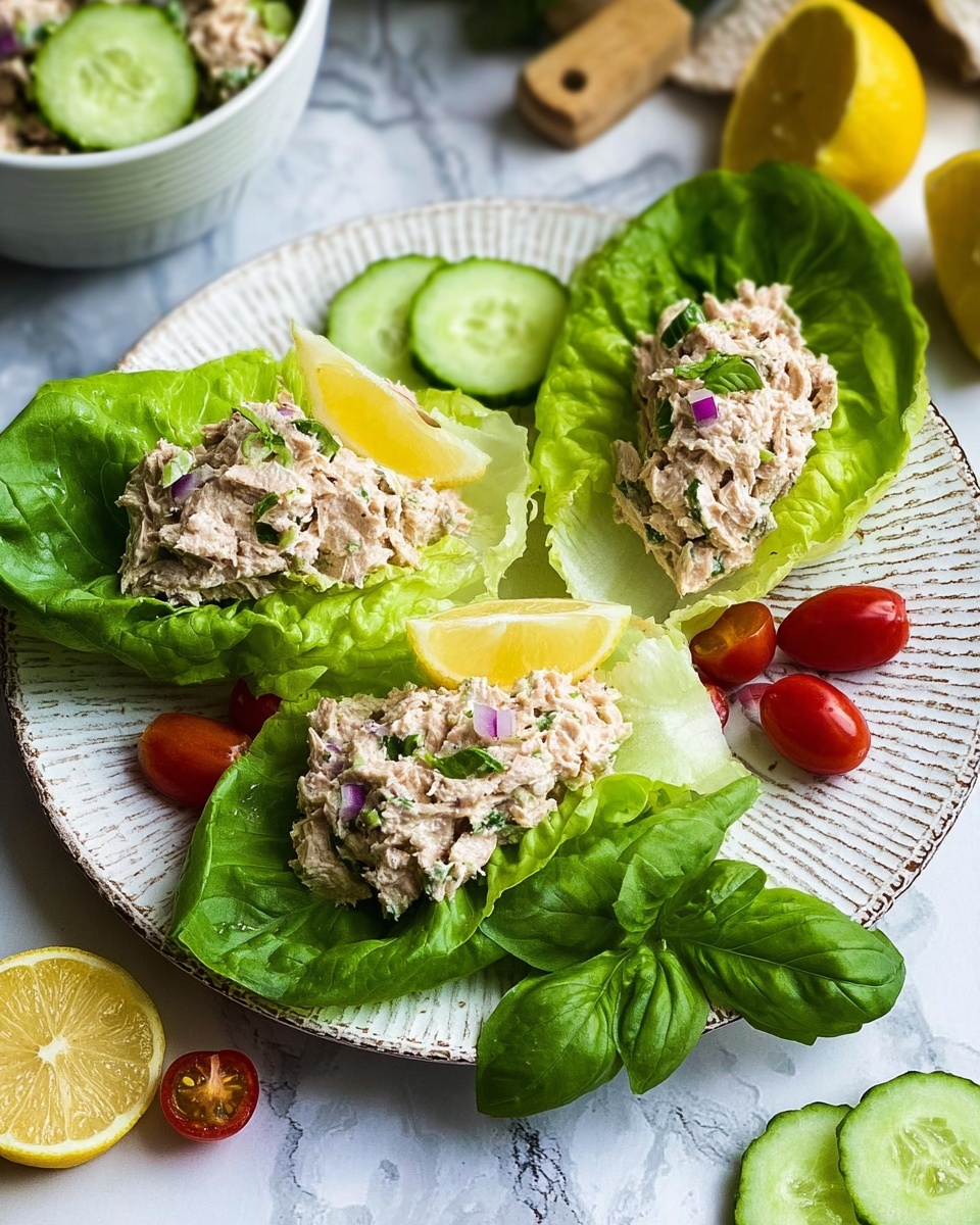 Three open lettuce boats sit on a white plate with a textured rim, placed on a white marbled surface. Each lettuce leaf is bright green and forms a natural cup shape, holding a scoop of creamy light brown tuna salad mixed with small green and purple bits, likely herbs and onions. One lettuce boat is topped with a small lemon wedge, another with a cucumber slice, and the third with both a lemon wedge and a cucumber slice. Around the plate, there are halved cherry tomatoes and a few lemon wedges. A small cluster of fresh green basil leaves is at the center bottom of the plate. A white bowl with more tuna salad and additional cucumber slices are partially visible in the background. photo taken with an iphone --ar 4:5 --v 7