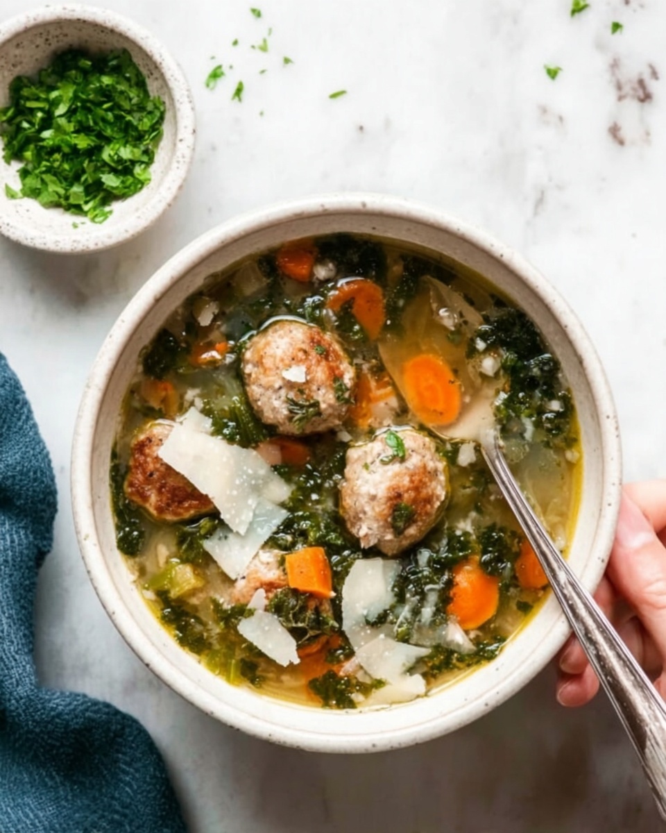 The image shows a black pot filled with a thick vegetable soup, sitting on a white marbled surface with a beige cloth underneath. The soup has several layers of ingredients including round slices of light brown sausage, thickly sliced light orange carrots, quartered light tan potatoes, dark brown mushroom pieces, and dark green leafy vegetables floating in a light broth. Fresh chopped green herbs are sprinkled on top, adding a bright color contrast. A silver spoon rests inside the pot, ready to serve, and there are small white bowls with grated cheese and more green herbs on the side. A torn piece of bread sits partially visible near the pot. Photo taken with an iphone --ar 4:5 --v 7