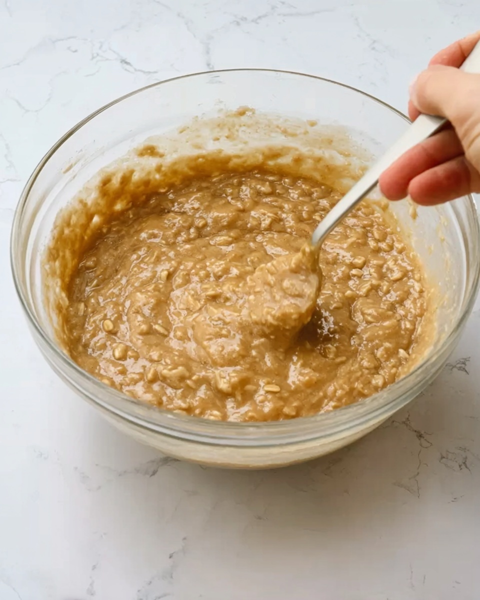 A clear glass bowl containing a thick, chunky light brown batter with visible small pieces of nuts or oats throughout. A woman's hand is stirring the mixture with a spoon inside the bowl. The bowl sits on a white marbled surface. photo taken with an iphone --ar 4:5 --v 7