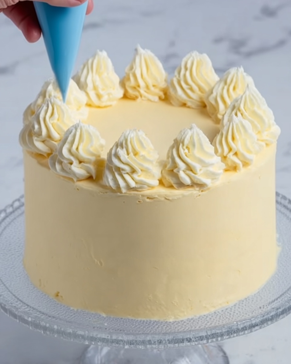 The image shows a round cake with smooth, light yellow frosting covering the entire surface. On the top edge of the cake, there are eight evenly spaced dollops of piped frosting with a swirled texture, each one slightly taller and creamier in appearance. A woman's hand is using a blue piping bag to add another swirl to the top of the cake. The cake sits on a clear glass cake stand, placed on a white marbled surface. photo taken with an iphone --ar 4:5 --v 7
