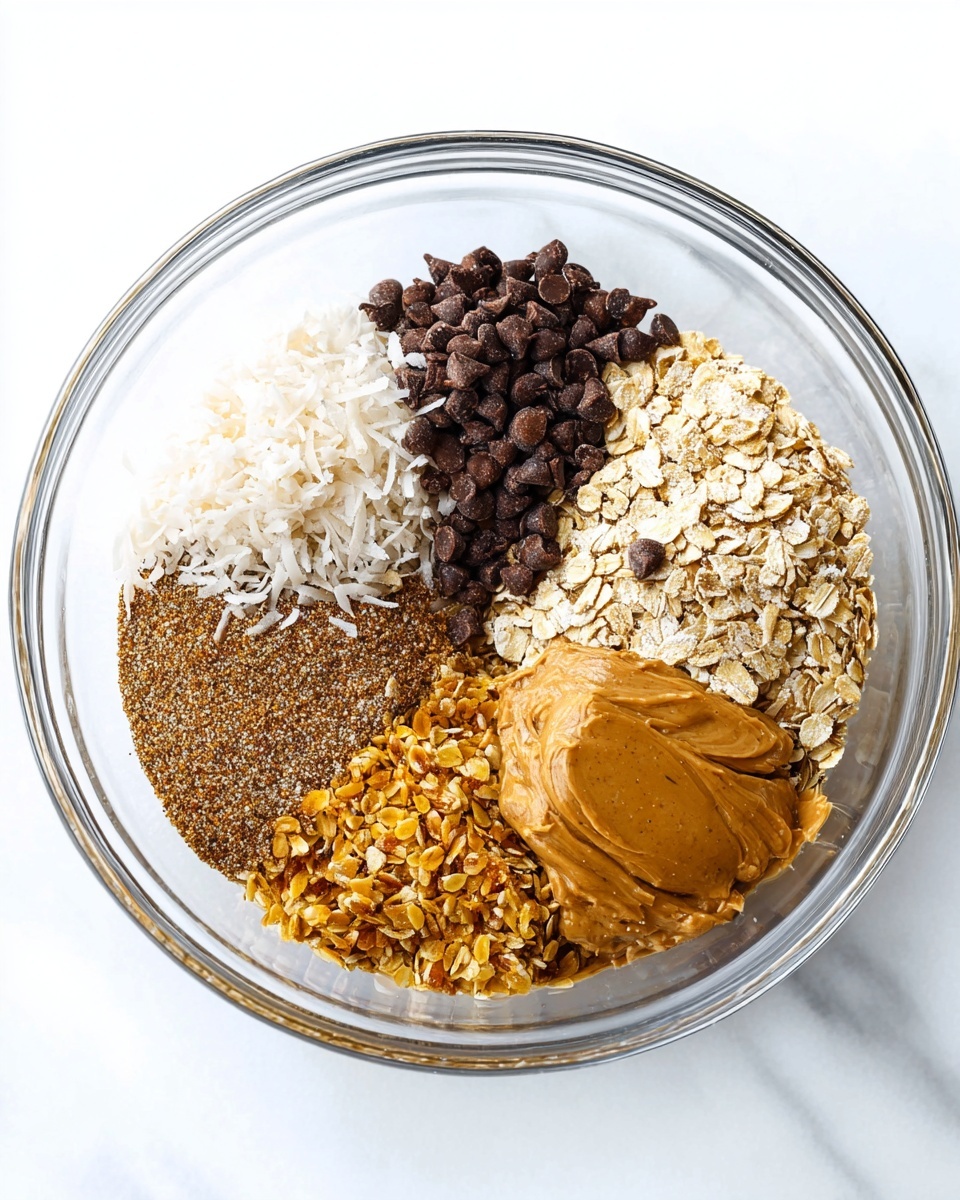 A clear glass bowl sits on a white marbled surface filled with separate ingredients in layers: on the top left is shredded toasted coconut, next to it on the top middle are dark brown chocolate chips, on the top right are light tan oats, below the coconut is a coarse light brown flaxseed meal, in the center is small bits of crushed flaxseed that are darker brown with some yellow parts, and on the bottom right is a smooth layer of light brown peanut butter with a creamy texture, all clearly visible and unmixed photo taken with an iphone --ar 4:5 --v 7