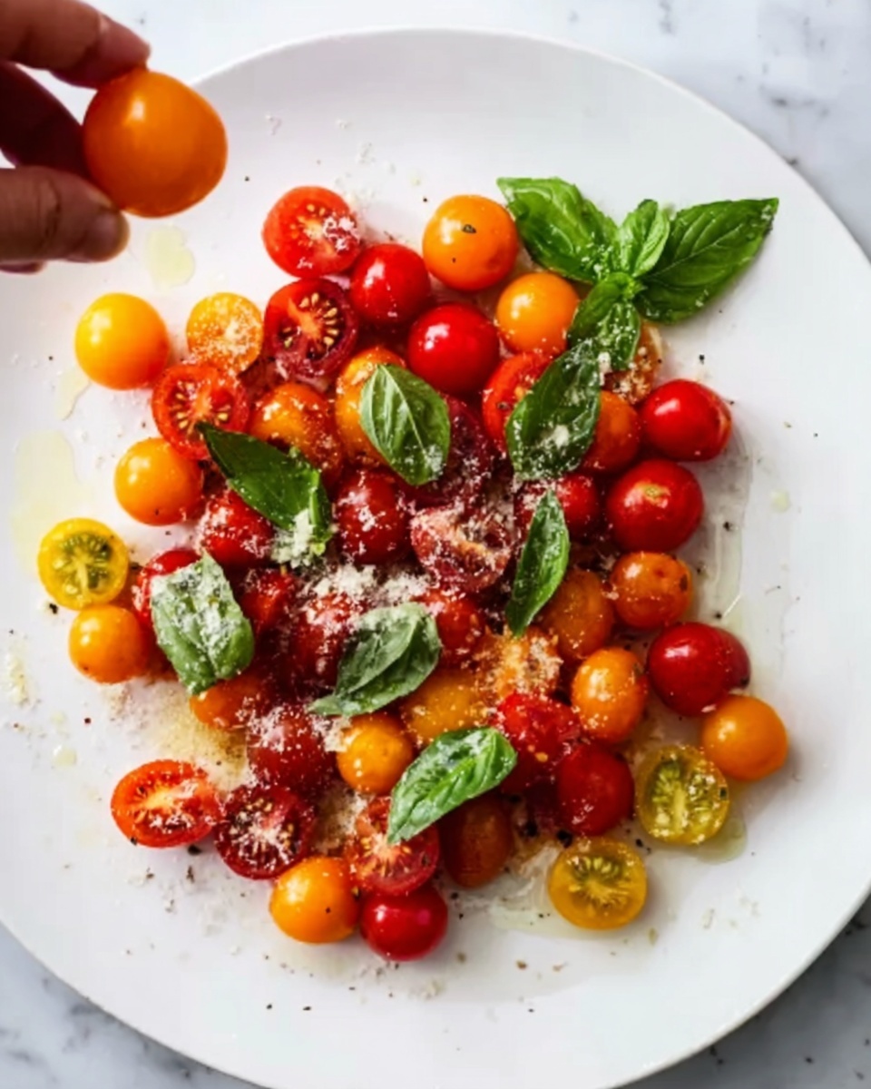 The image shows a white plate filled with a mix of colorful cherry tomatoes in red, orange, and yellow, some whole and some sliced in half, scattered around the plate. On top of the tomatoes, there are green fresh basil leaves placed randomly, along with a sprinkling of light-colored grated cheese or crumbs. The plate sits on a white marbled surface, adding brightness to the scene. A woman's hand is holding a cherry tomato at the top left corner, reaching towards the plate. photo taken with an iphone --ar 4:5 --v 7