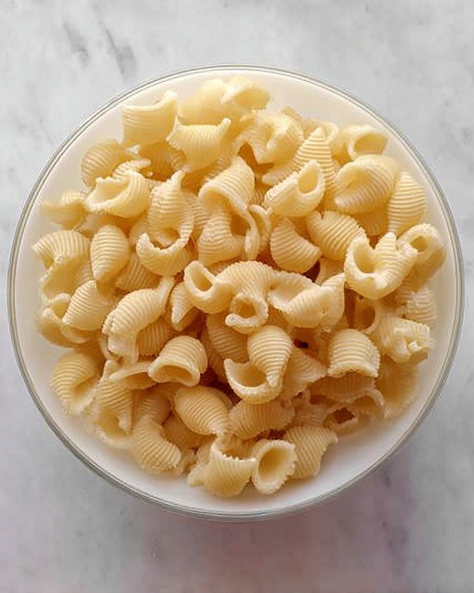 A clear white bowl filled with many uncooked, pale yellow pasta pieces shaped like short curved tubes with ridges on the surface. The bowl sits on a white marbled surface. The pasta fills the bowl almost to the top, showing the hollow centers and textured shells clearly. Photo taken with an iphone --ar 4:5 --v 7