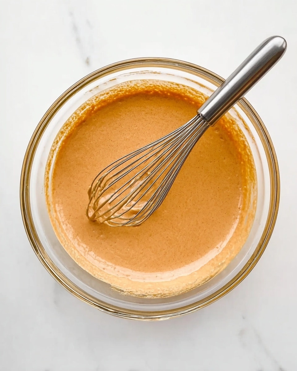 The image shows a clear glass bowl filled with a smooth, light brown mixture. A metal whisk is placed inside the bowl, with the whisk part partially covered in the mixture. The mixture has a creamy, even texture and covers the bottom and sides of the bowl. The bowl sits on a white marbled surface. Photo taken with an iphone --ar 4:5 --v 7