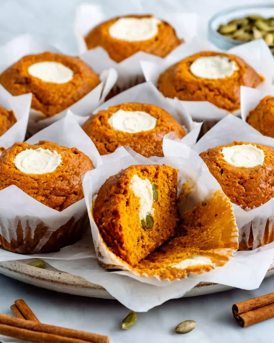 The image shows a tray of pumpkin muffins still in white parchment paper liners, each muffin having a round cream cheese layer in the center on the top. The muffins are orange with a soft, textured surface. One muffin near the front is split open, showing moist, orange crumb inside, with white parchment paper around it. Small pumpkin seeds and cinnamon sticks are scattered around the tray on a white marbled surface, adding texture and color contrast. The overall scene is bright and clear, capturing the warm and cozy feel of freshly baked autumn treats. photo taken with an iphone --ar 4:5 --v 7