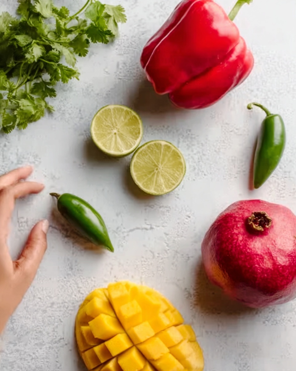 The image shows a white marbled surface with simple ingredients arranged on it. There is a whole red bell pepper near the top center. To the left of the pepper is a green jalapeño. Below the jalapeño and pepper are slices of bright green lime, with one lime cut in half to show its inside. On the right side is a whole pomegranate with its red, rough skin visible. At the bottom is a peeled mango, sliced in a grid pattern with a bright yellow color. A small bunch of fresh cilantro with green leaves is placed near the upper left corner. A woman's hand is reaching in from the right side, touching the pomegranate. Photo taken with an iphone --ar 4:5 --v 7