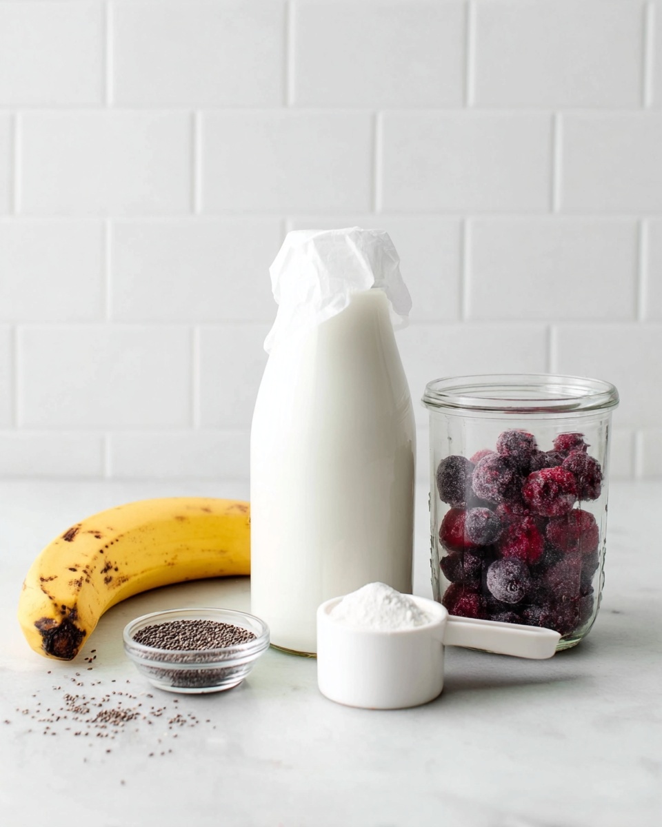 The image shows ingredients for a smoothie arranged on a white marbled surface with a white brick wall background. In the center, there is a clear glass bottle filled with white milk, covered with a white paper or cloth lid. To the right of the bottle, there is a clear glass jar filled with mixed frozen berries in dark purple and red shades. In front of the jar, there is a small white plastic measuring scoop containing a white powder, likely protein powder. To the left of the milk bottle, there is a small clear glass bowl filled with black chia seeds and next to it lies a ripe yellow banana with brown spots. Some scattered chia seeds are also visible on the surface. Photo taken with an iphone --ar 4:5 --v 7