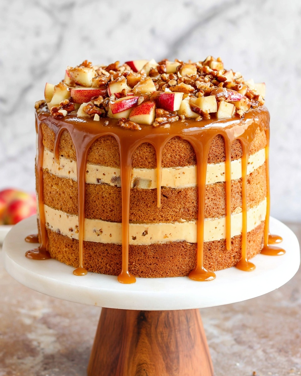A slice of three-layer light brown cake with small darker spots inside, separated by two thick layers of light tan frosting, sits on a white plate with a decorative edge. The cake texture looks soft and moist, slightly crumbly. On the side, there are several pieces of cooked apple chunks with red skin and a slightly shiny, syrupy coating. The plate is on a white marbled surface with a red cloth underneath. A silver fork is placed beside the cake, and part of a red apple and wooden bowl can be seen in the blurred background. photo taken with an iphone --ar 4:5 --v 7