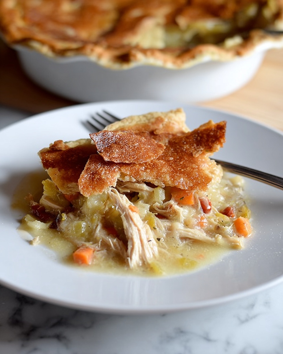 On a white plate, a serving of chicken pot pie shows three layers: the bottom layer is creamy, pale yellow filling with small pieces of chicken, orange carrots, and bits of celery mixed in; on top of this is a layer of tender shredded chicken and vegetables, slightly moist with a light gravy; the top layer is a broken, golden brown, crispy pie crust scattered unevenly, covering some parts of the pie filling. A silver fork rests behind the food on the plate. In the background is the pie dish with the remaining pie, sitting on a white marbled surface. Photo taken with an iphone --ar 4:5 --v 7