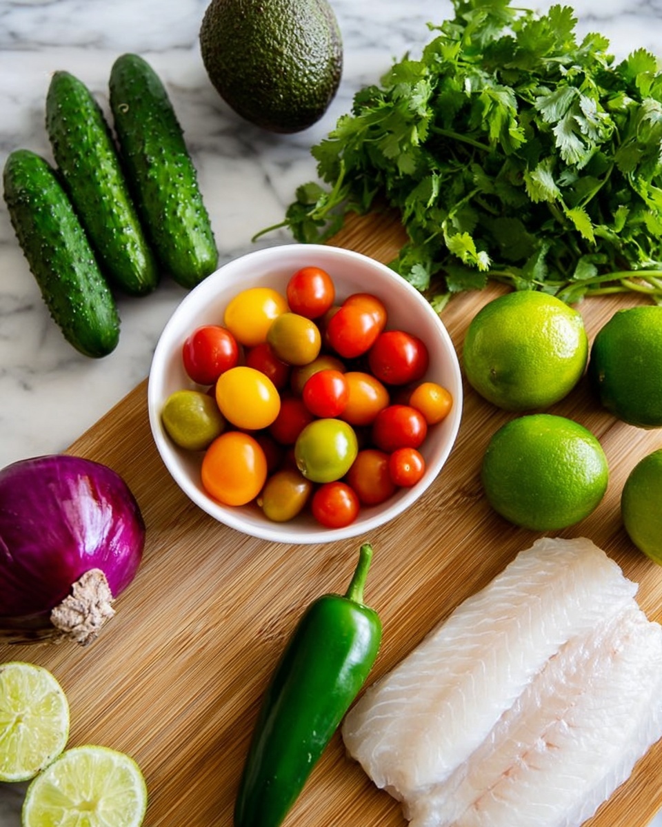 The image shows a wooden board with fresh ingredients arranged neatly. On the left side, there are three small green cucumbers lying next to a whole avocado. In the center, a white bowl filled with small tomatoes in red, yellow, and orange colors sits prominently. Below the bowl, there is a green jalapeño pepper. To the right, there is a large piece of white fish fillet, and nearby are three bright green limes. Behind the limes, there is a bunch of fresh green cilantro and half a purple onion with visible layers. The scene is on a white marbled texture surface. photo taken with an iphone --ar 4:5 --v 7