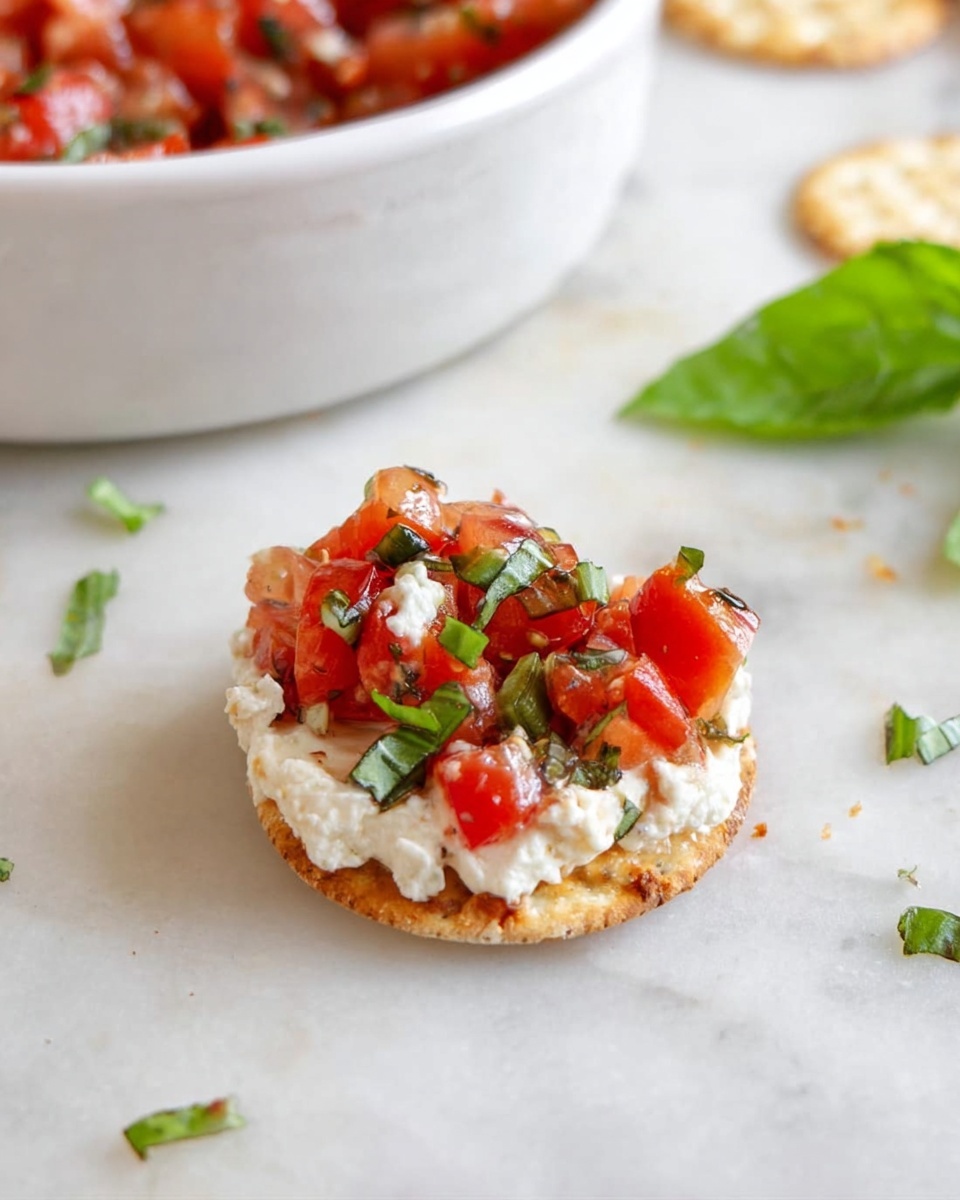 A small round toasted cracker with a lightly speckled brown and beige texture sits on a white marbled surface. On top of the cracker, there is a layer of creamy white cheese mixed with small green herb bits, followed by a chunky topping of bright red diced tomatoes with green basil pieces scattered throughout, creating a fresh and colorful contrast. Around the cracker, there are a few scattered fresh bright green basil leaves and tiny chopped herbs. In the background, a white bowl filled with a mixture of the same diced red tomatoes and herbs is partially visible. Photo taken with an iphone --ar 4:5 --v 7