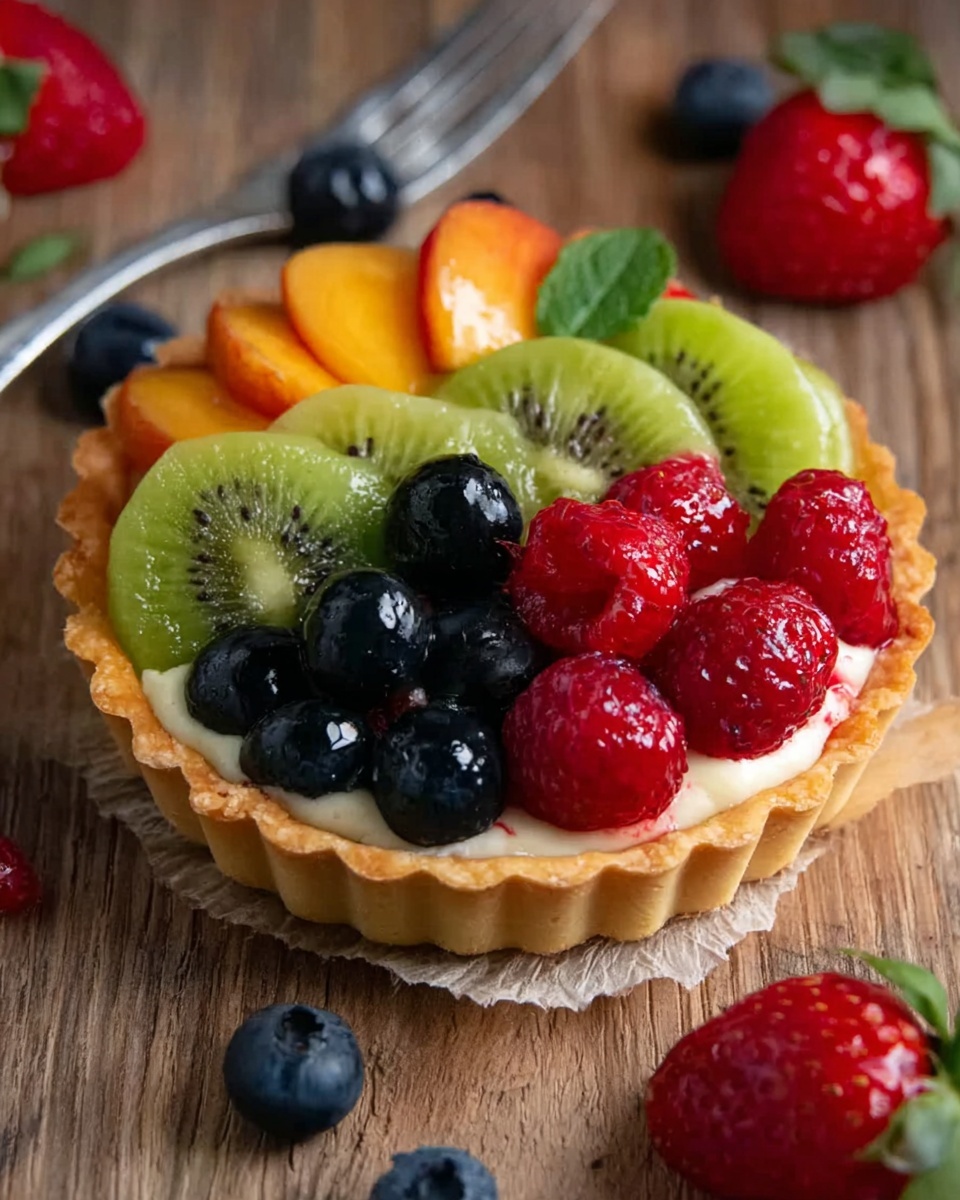 A small tart with a golden crust filled with a smooth cream layer, topped with neatly arranged fresh fruit in separate sections: bright orange peach slices at the back, green kiwi slices to the side, shiny dark blueberries and red raspberries grouped together, and two large red strawberries with fresh leaves at the front. The tart sits on a wooden surface scattered with loose berries, and a silver fork is partially visible in the background. photo taken with an iphone --ar 4:5 --v 7