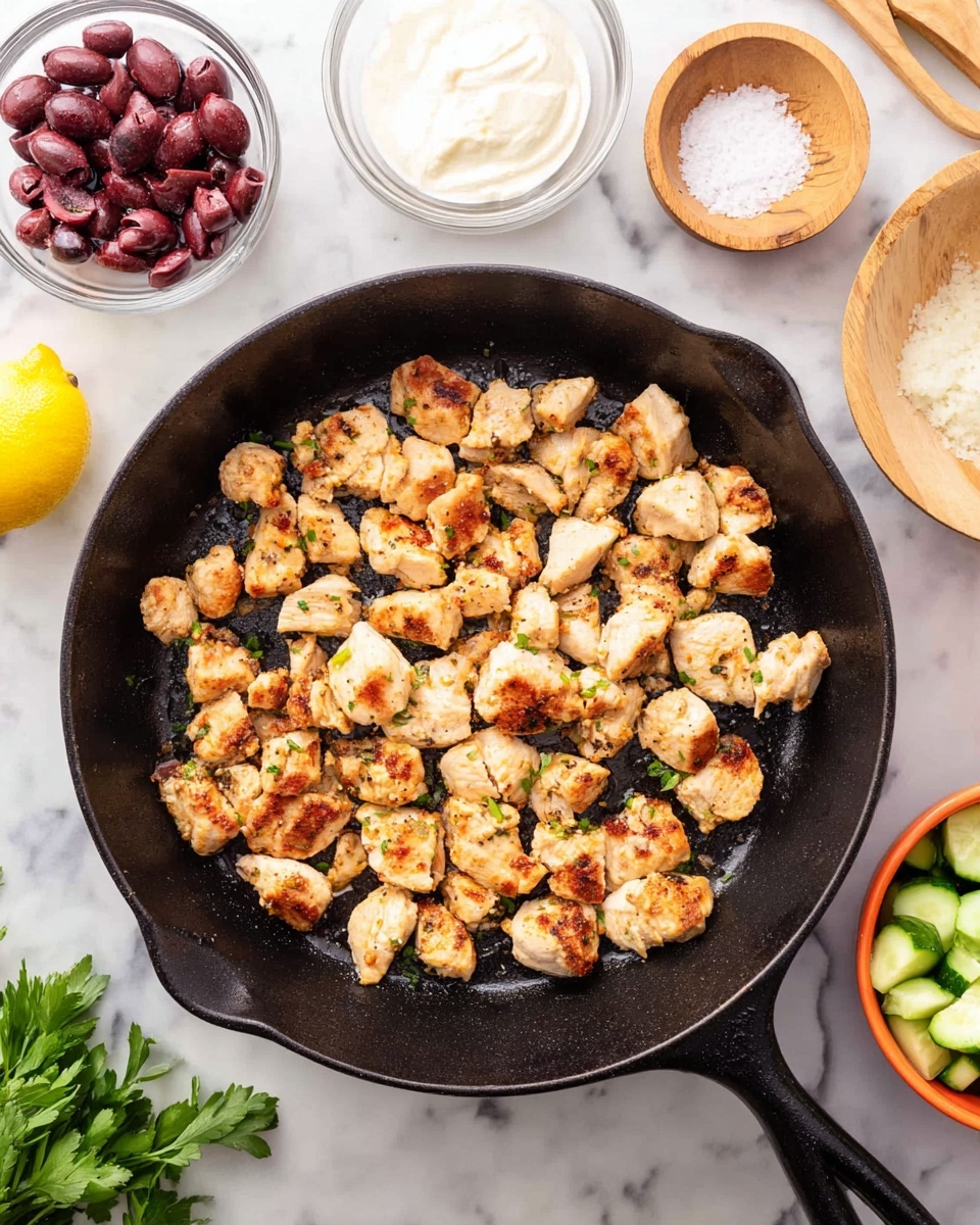 The image shows a black cast iron skillet filled with small, golden brown pieces of cooked chicken, scattered evenly across the pan’s surface, with a slightly crispy texture on the edges. Around the skillet, on a white marbled surface, there is a small clear bowl of chopped dark red olives on the left, a larger clear bowl of white creamy sauce above, a light wooden bowl filled with coarse salt and a wooden spoon on the right, a white bowl with green cucumber cubes at the bottom right corner with an orange rim, a yellow lemon on the top left, and a bit of fresh green parsley at the bottom left corner. Photo taken with an iphone --ar 4:5 --v 7