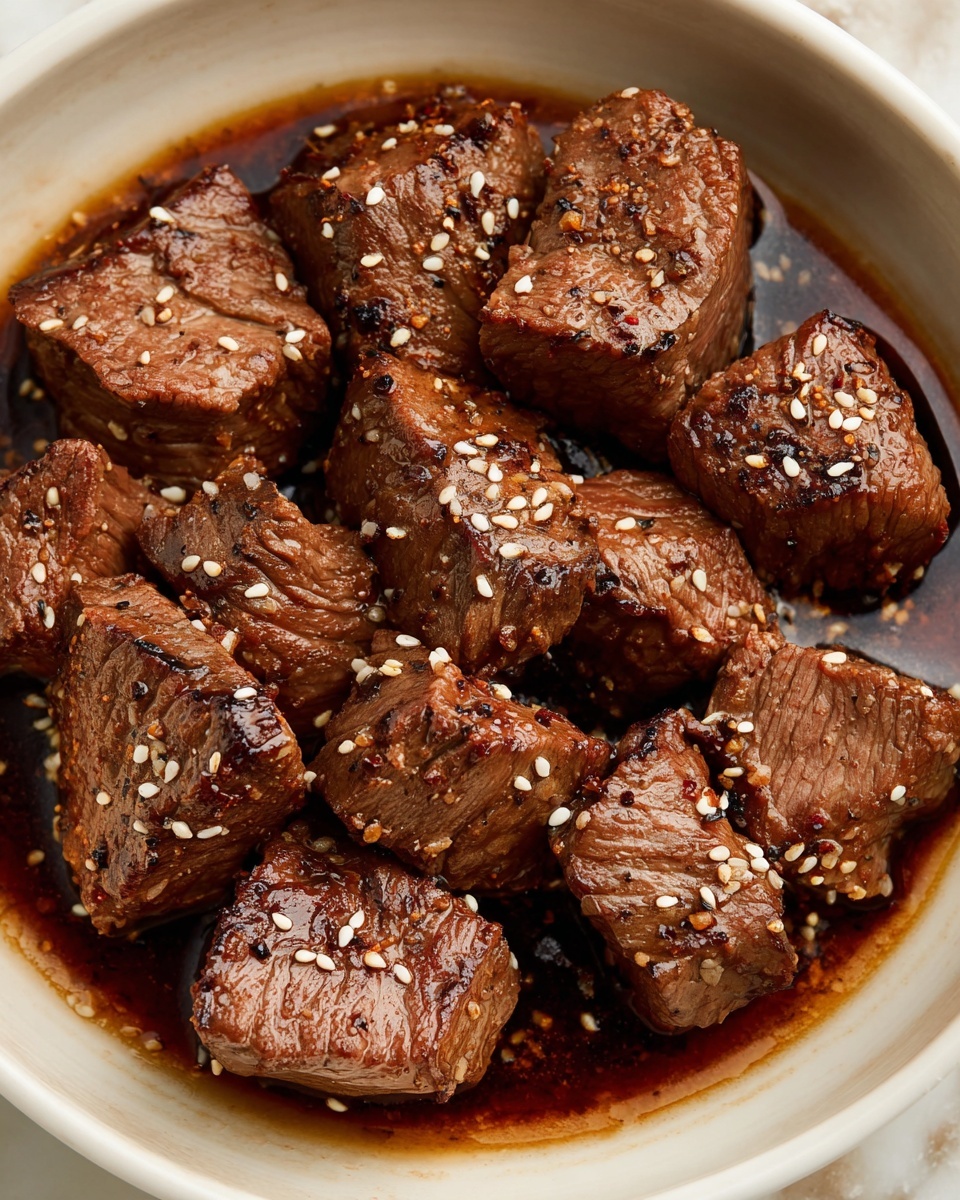 The dish shows many dark brown pieces of cooked beef, each piece having a shiny texture and sprinkled with small white sesame seeds. The beef chunks are piled close together inside a white bowl that sits on a cloth with white, blue, and beige stripes. A pair of wooden chopsticks is picking up one piece of beef from the bowl. The background is a white marbled surface. photo taken with an iphone --ar 4:5 --v 7