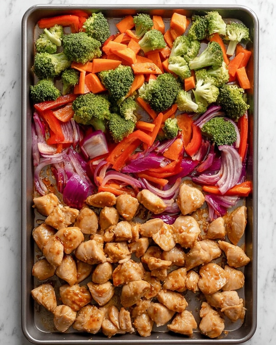 The image shows a large baking tray with two main sections of food. The bottom part of the tray is filled with chunks of cooked chicken in light brown color with a shiny surface, uneven in shape and size. The top part of the tray has a mix of raw vegetables, including bright green broccoli florets, thin orange carrot sticks, large pieces of red bell pepper, and thin slices of purple onion. The vegetables appear fresh and are scattered loosely across the tray with a bit of spacing between them. The tray rests on a white marbled surface. Photo taken with an iphone --ar 4:5 --v 7