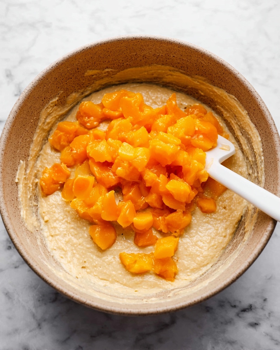 A round beige bowl with a thick batter at the bottom, light tan in color and smooth in texture, fills the bowl. On top of the batter, there is a pile of bright orange chopped fruit pieces, their round edges and juicy look clear. A white spatula is partly sunk into the mixture on the right side of the bowl, with its flat edge touching the batter, and the bowl sits on a white marbled surface. photo taken with an iphone --ar 4:5 --v 7