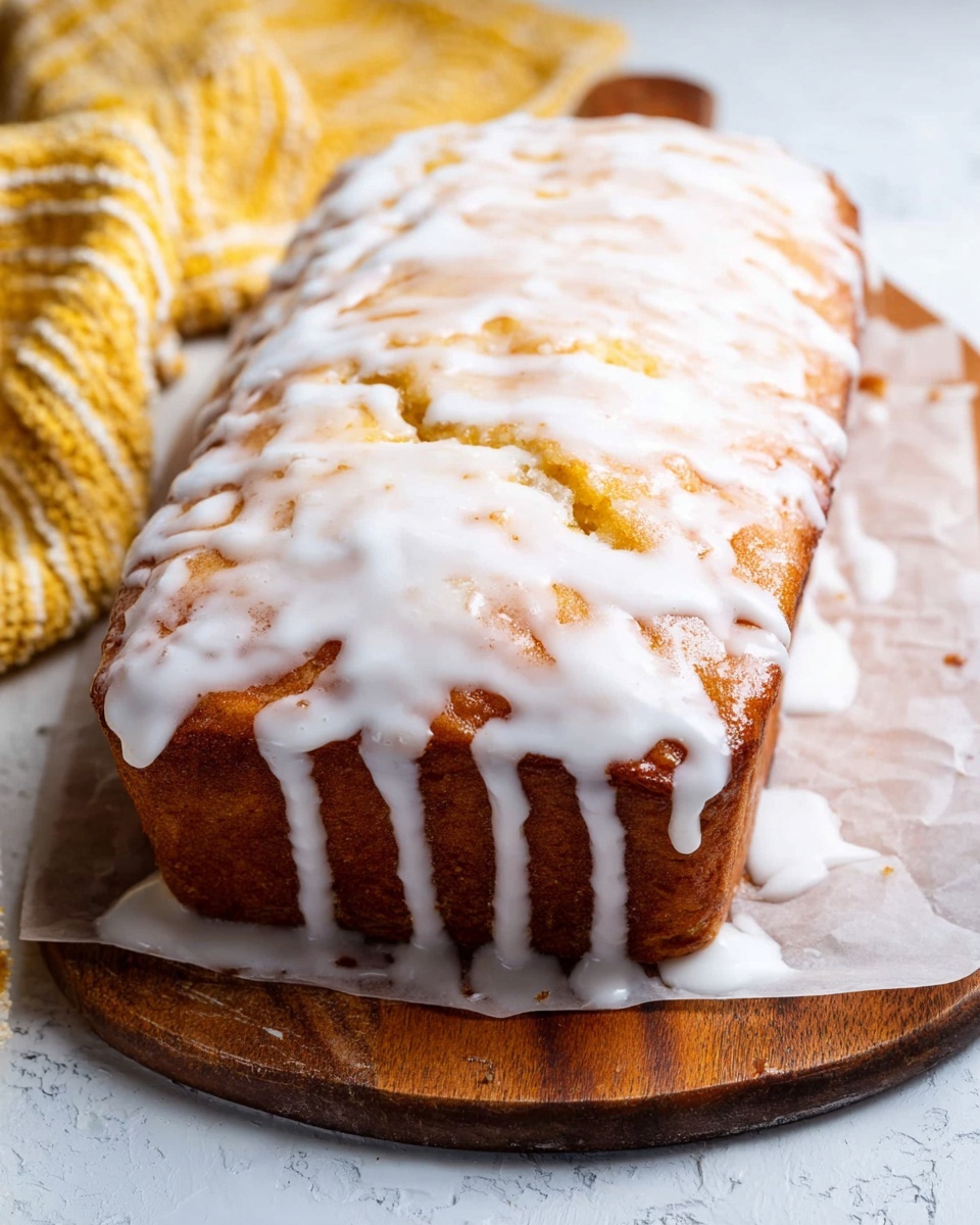 A rectangular loaf cake with a golden brown crust sits on white parchment paper over a wooden board, covered in thick white icing that is dripping irregularly down the sides. The icing highlights the texture of the cake’s surface, which is slightly cracked and uneven. The wooden board beneath contrasts gently with the bright white marbled texture of the background. A soft, textured yellow and white cloth is visible in the upper left corner, adding warmth to the scene. The overall look is homemade and inviting, focusing on the rich colors and textures of the cake and icing. photo taken with an iphone --ar 4:5 --v 7