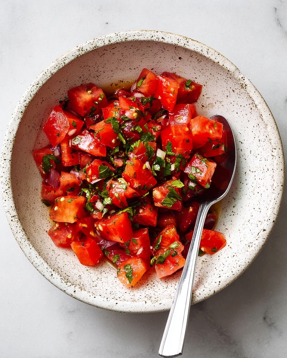A white speckled bowl holds a fresh mix of chopped red tomatoes and small pieces of green herbs evenly spread throughout. The tomatoes are cut into medium-sized chunks, with their shiny red flesh showing. A silver spoon rests inside the bowl, partially buried in the tomato mixture. The bowl sits on a white marbled surface, giving a clean and bright look. photo taken with an iphone --ar 4:5 --v 7