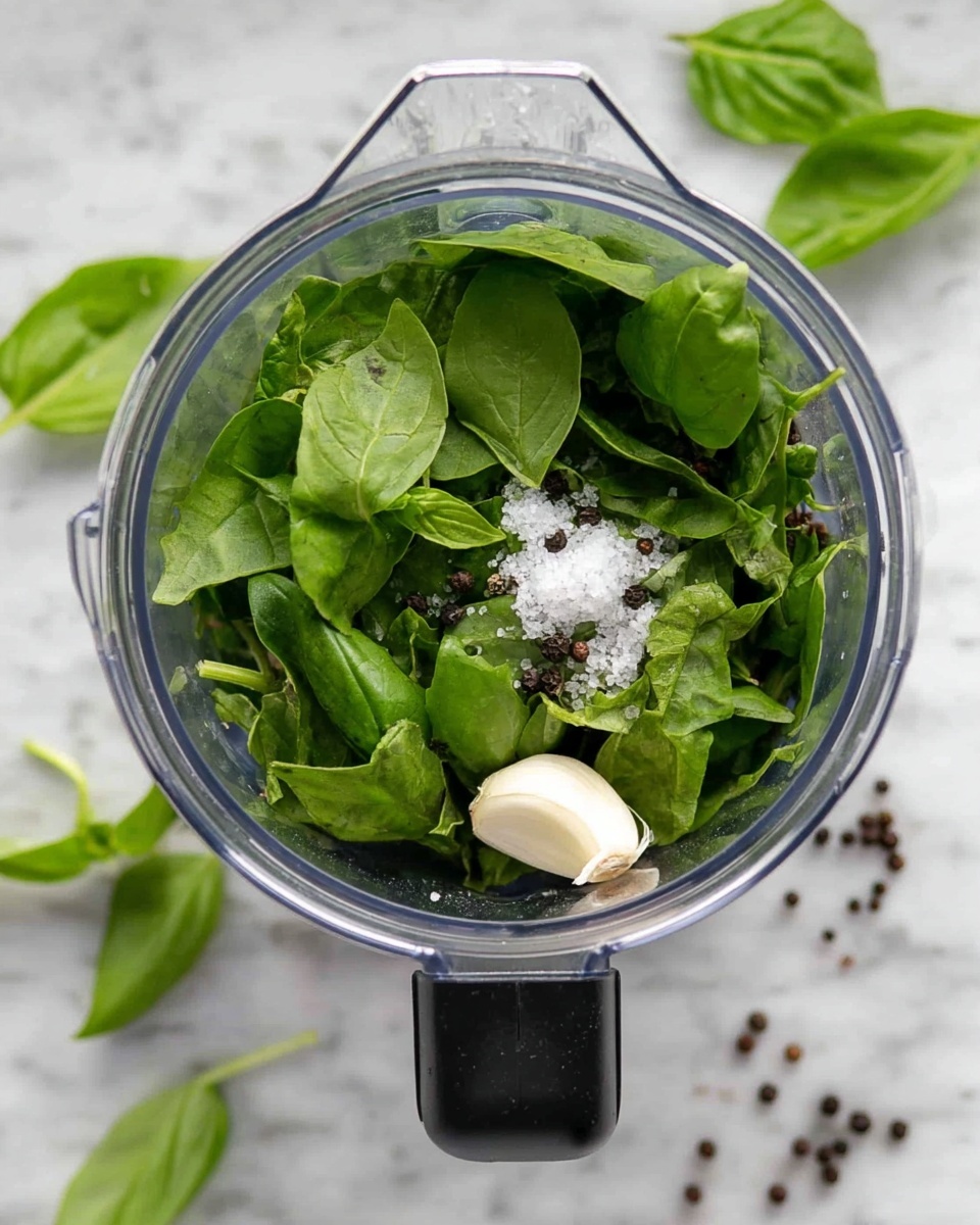 Inside a silver blender container with a black handle, there is a fresh mix of bright green basil leaves layered loosely on top of each other. Among the leaves, two peeled garlic cloves are visible at the bottom. On top of the basil lies a small pile of white salt crystals and several whole black peppercorns scattered unevenly. Around the blender, a few whole basil leaves and peppercorns are scattered over a white marbled surface. Photo taken with an iphone --ar 4:5 --v 7