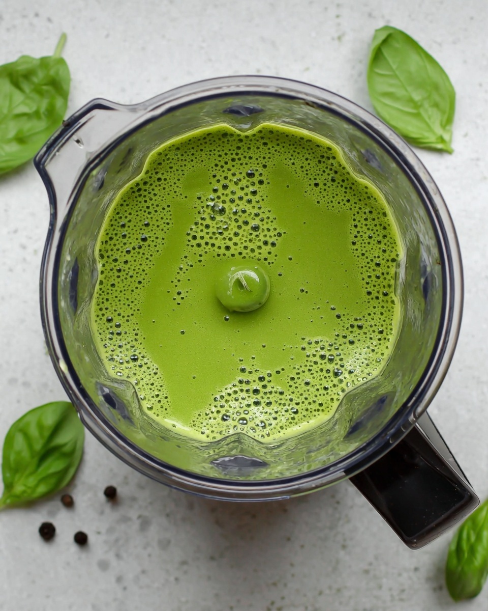 A top-down view of a blender filled with a smooth, bright green sauce that has small bubbles on the surface. The blender jar is metallic and has a black handle on the right side. The blender sits on a white marbled surface with a few black peppercorns scattered around and fresh green basil leaves placed near the top left and bottom right corners. photo taken with an iphone --ar 4:5 --v 7