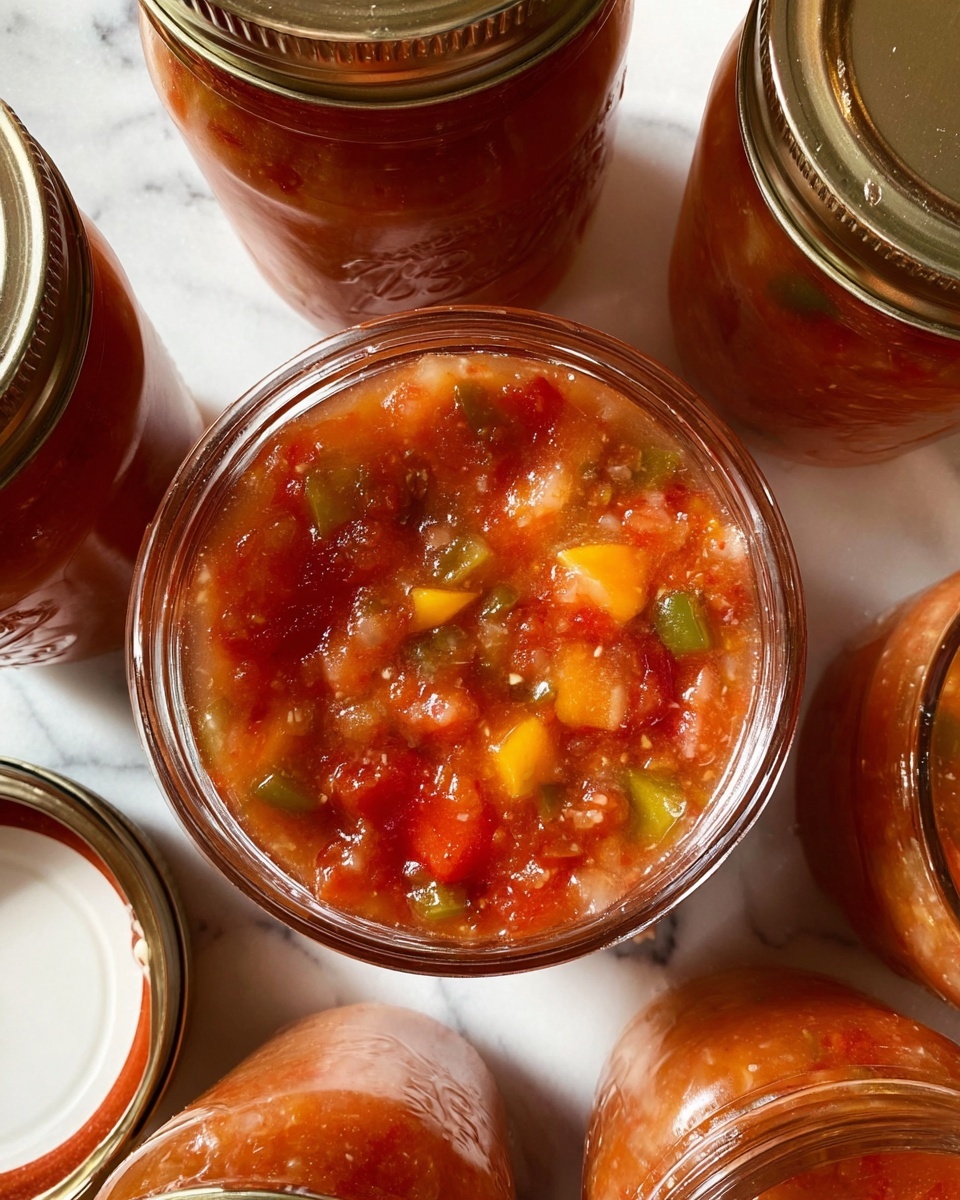 The image shows a close-up view of an open glass jar filled with a chunky red-orange sauce containing visible pieces of diced vegetables like green and orange peppers, yellow chunks, and tomato bits, all mixed in a thick, wet texture. Surrounding the main jar are several other sealed glass jars filled with the same chunky sauce, placed on a white marbled surface. The metal lids, some of which are off and resting nearby, reflect light softly. The overall scene has warm lighting that highlights the vibrant colors of the sauce inside the transparent jars. photo taken with an iphone --ar 4:5 --v 7