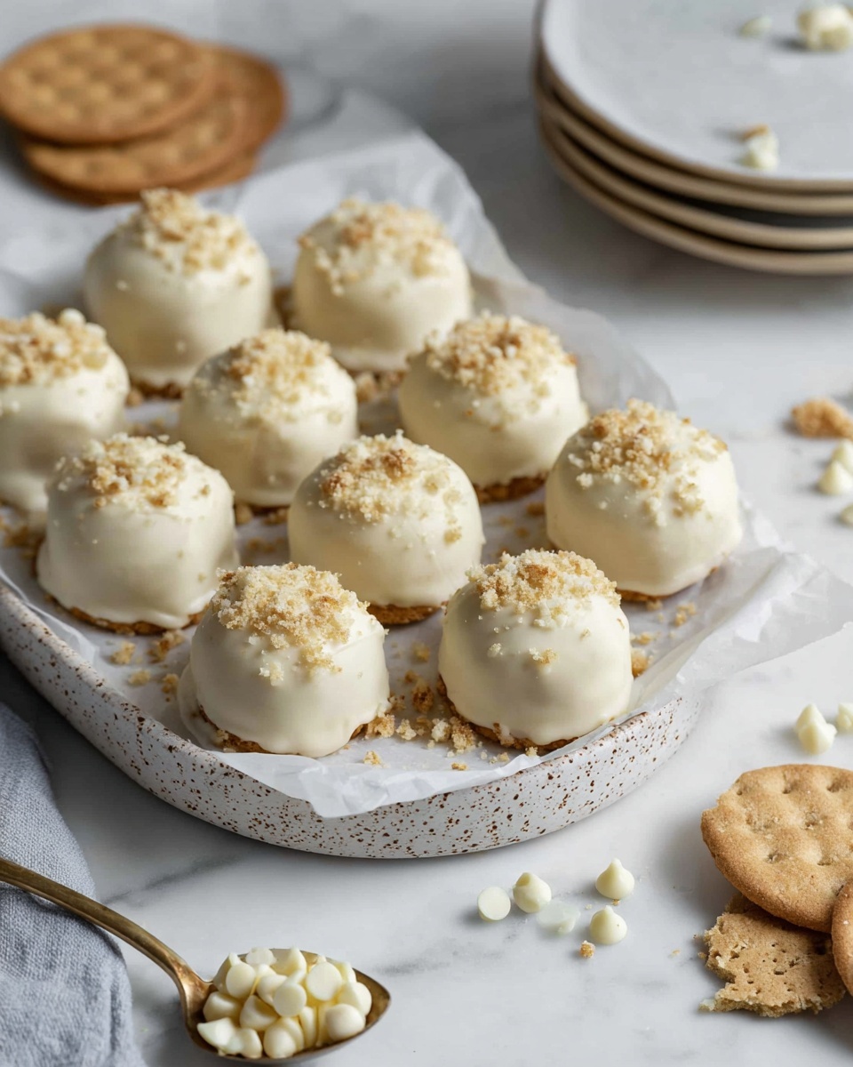 The image shows round white chocolate-covered balls placed on a white plate with a speckled edge, sitting on a white marbled surface. Each ball has a smooth, creamy white outer layer sprinkled with small crumbs. One ball is broken open in the front, revealing an inner orange-brown layer with a crumbly, slightly textured appearance. The background includes scattered white chocolate chips and crumbs on the white marbled surface, with a gold spoon partially visible. The lighting is soft, highlighting the smooth texture of the white chocolate and the contrast with the inner layer. photo taken with an iphone --ar 4:5 --v 7