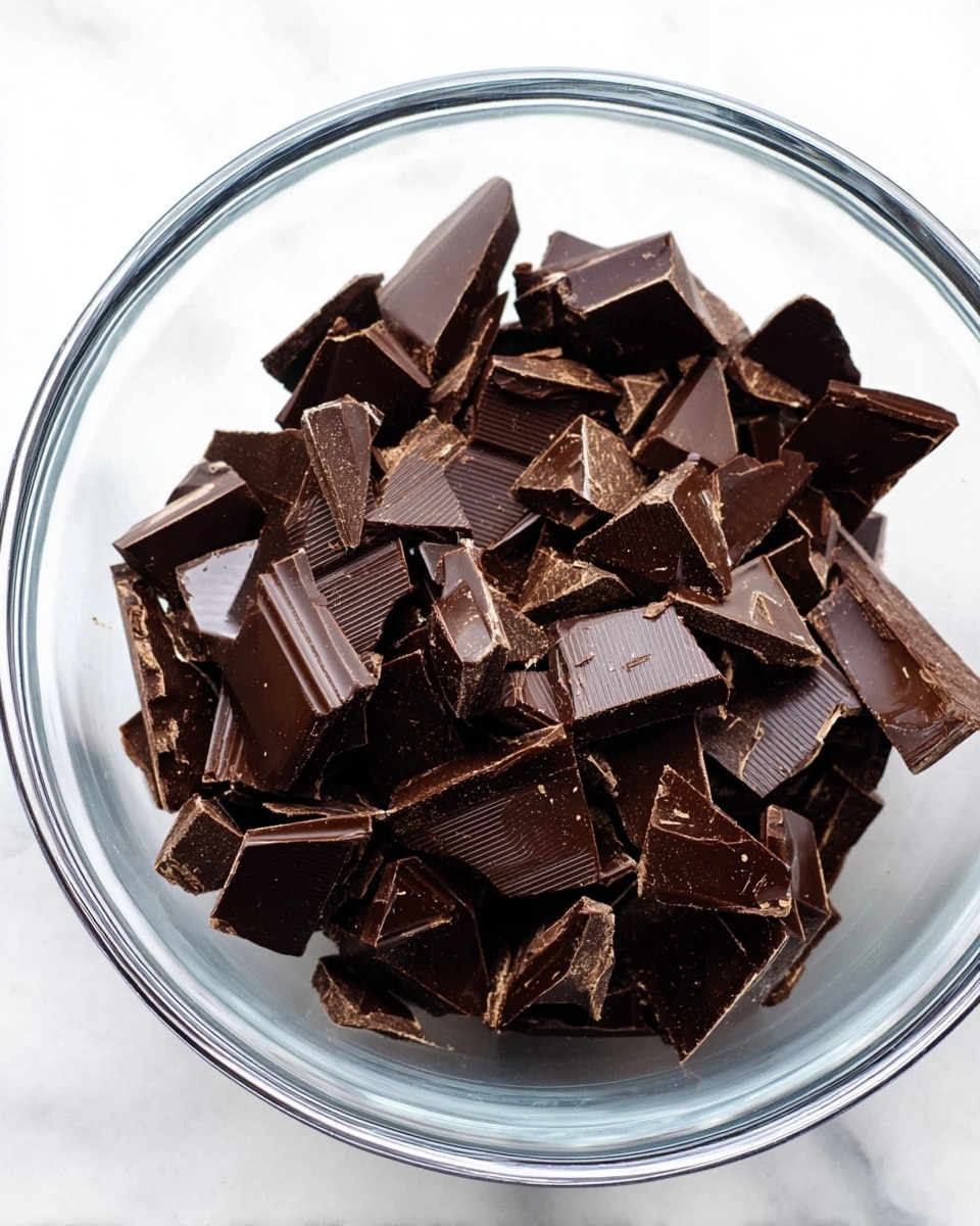 A clear glass bowl filled with many pieces of dark chocolate that are broken into different sizes and shapes, showing smooth and shiny textures with some rough edges. The bowl rests on a white marbled surface. photo taken with an iphone --ar 4:5 --v 7