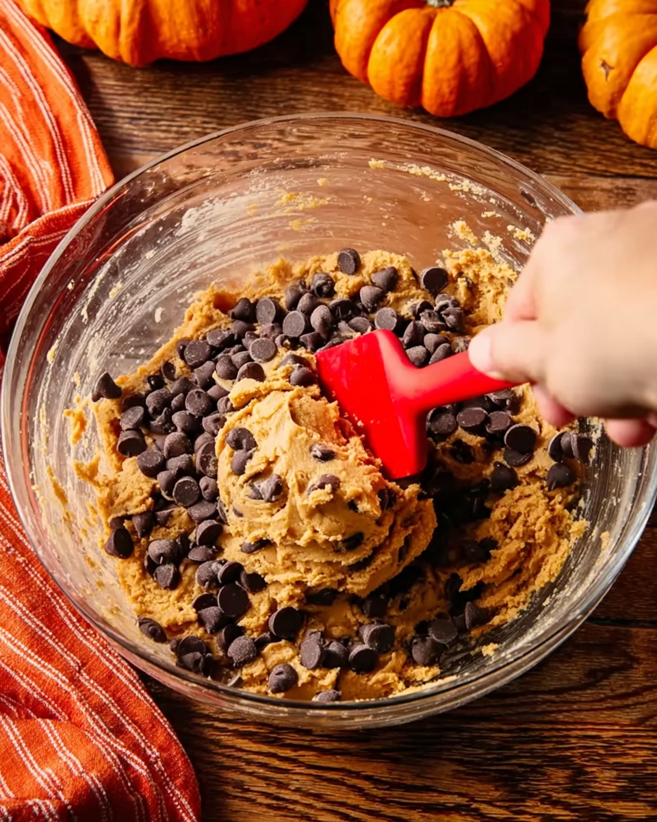 A clear glass bowl filled with light brown cookie dough mixed with many dark chocolate chips all around the dough. A woman's hand is holding the bowl steady from below left, while another woman's hand uses a red spatula to fold the dough and chocolate chips together. The bowl is placed on a wooden surface with small pumpkins and an orange striped cloth blurred in the background. photo taken with an iphone --ar 4:5 --v 7