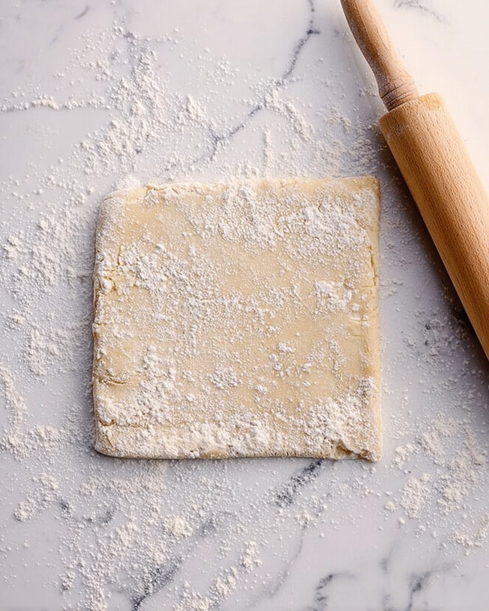A rectangular piece of dough rolled out flat and sprinkled lightly with white flour, placed on a white marbled surface. To the right of the dough is a wooden rolling pin, showing a smooth light brown texture. The dough has a pale beige color with an uneven dusting of flour creating a speckled pattern. Photo taken with an iphone --ar 4:5 --v 7