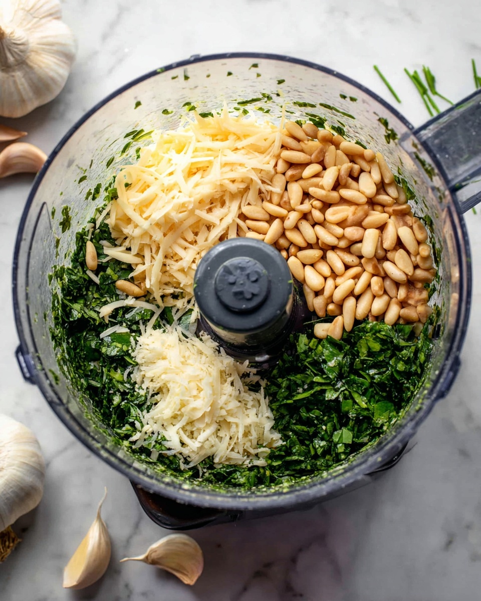 Inside a clear food processor bowl, there are four distinct layers of ingredients placed around the center blade. On the right side, a pile of light brown toasted pine nuts sits on top of a bed of finely chopped dark green leafy herbs that line the bowl's sides. To the left of the pine nuts, there's a heap of shredded pale yellow cheese. Below the cheese, finely chopped white garlic pieces complete the visible layers against the green herb backdrop. The food processor rests on a white marbled surface with a few garlic cloves nearby. photo taken with an iphone --ar 4:5 --v 7