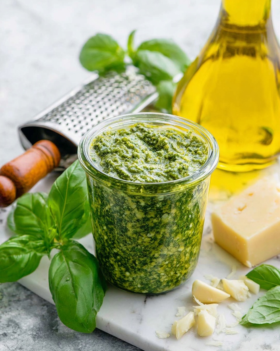 A clear glass jar filled with bright green pesto sauce that has a coarse, slightly oily texture and is nearly full to the top. The jar sits on a white marbled surface, surrounded by fresh green basil leaves on one side and small pieces of pale yellow cheese and garlic cloves on the other. Behind the jar, there is a clear glass bottle filled with golden olive oil and a wooden-handled metal grater, adding a kitchen vibe. Everything is well lit and sharply focused, showing fresh ingredients ready to use. Photo taken with an iphone --ar 4:5 --v 7