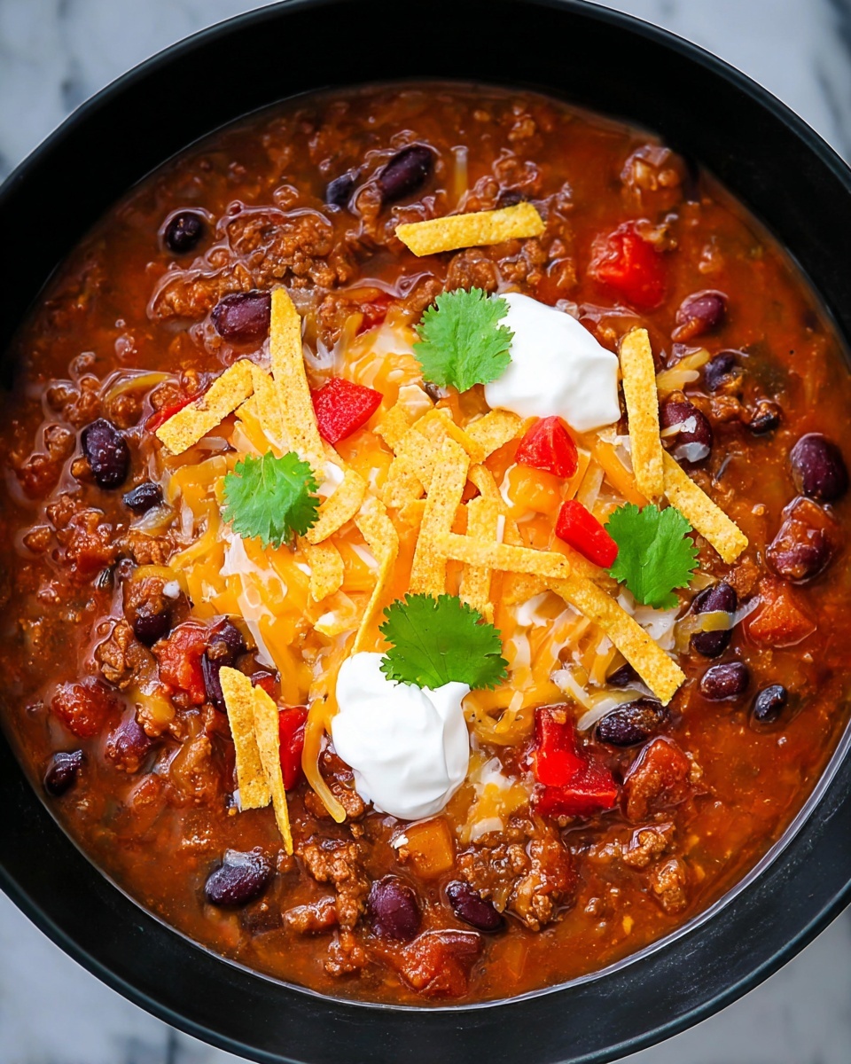 A white bowl filled with thick chili, showing a rich reddish-brown sauce with chunks of ground meat, black beans, corn, and diced tomatoes layered throughout. On top, there is a dollop of white sour cream with a single green cilantro leaf placed in the center. A spoon is scooping up a portion of the chili, held by a woman's hand, with the spoon's silver color catching the light. The bowl sits on a white marbled surface with some blurred green herbs in the background, giving a fresh and inviting look. photo taken with an iphone --ar 4:5 --v 7