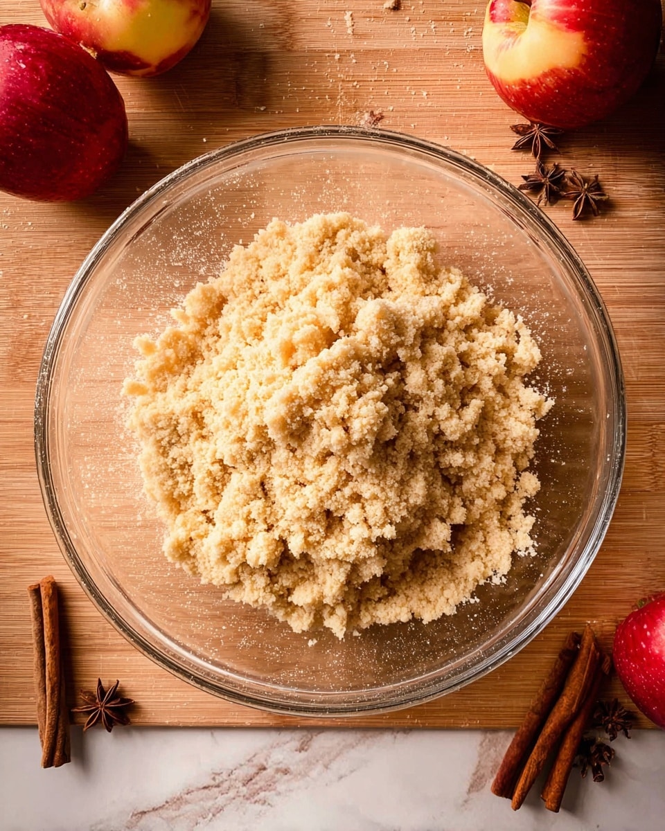 A clear glass bowl filled with a beige, crumbly dough mixture sits centered on a wooden table. Around the bowl, two red apples with yellow patches are placed on the left side, while two cinnamon sticks and a star anise rest near the bottom left. Additional cinnamon sticks are positioned in the top right corner. The dough inside the bowl has a coarse, slightly wet texture with small clumps. The background is a white marbled texture. photo taken with an iphone --ar 4:5 --v 7