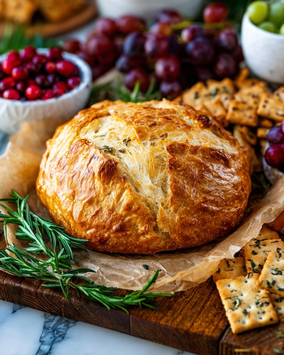 A golden brown, round loaf of bread with a soft, flaky crust sits in the center on a wooden board lined with a piece of parchment paper. Surrounding the bread are various light tan and dark brown crackers with visible seeds and textures, arranged neatly around it. Fresh green rosemary sprigs lie across the bottom and right side of the board. In the blurred background, white bowls hold bright red cranberries and dark red grapes, adding vibrant color. The whole scene is set on a white marbled surface. photo taken with an iphone --ar 4:5 --v 7