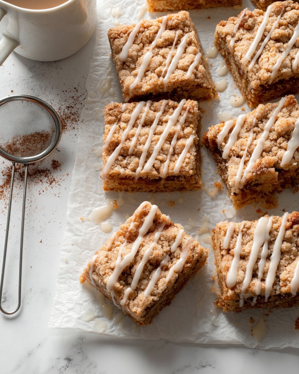 The image shows seven square pieces of crumb cake on white parchment paper over a white marbled surface. Each crumb cake piece has two visible layers: a light brown crumbly top layer with a rough texture and a denser golden brown cake layer underneath. White icing is drizzled unevenly over the crumb topping in thin lines. To the left side of the tray, there is a metal sieve with some cocoa powder or cinnamon on the white marbled surface. A spoon drizzles extra white icing from above near the bottom left corner of the image. The overall scene has bright natural light, showing the crumb cake’s texture clearly. photo taken with an iphone --ar 4:5 --v 7